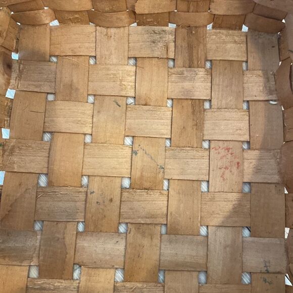 Vintage Basket Woven Wood Slat Hinged Handle Apple Design Green Accent 8.5x10” - Picture 5 of 16